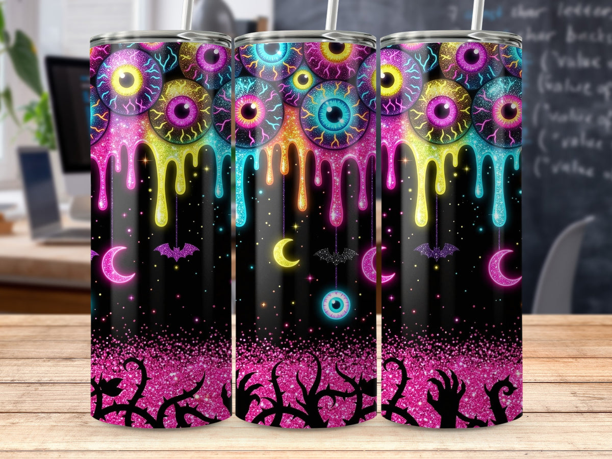 Three tumblers with dripping eyeballs, moons, bats, and spooky hands on a black glitter background.
