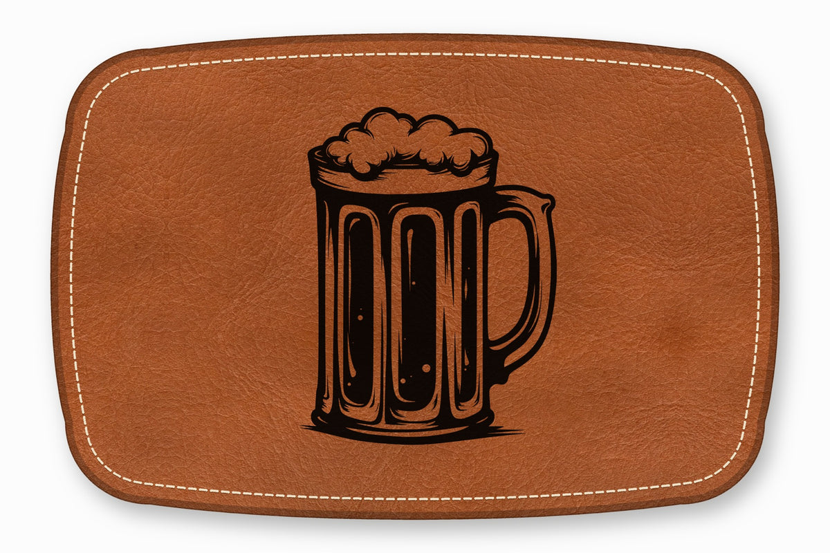 Brown leather rectangular patch with white stitched border and a black beer mug graphic.