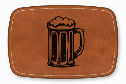 Brown leather rectangular patch with white stitched border and a black beer mug graphic.