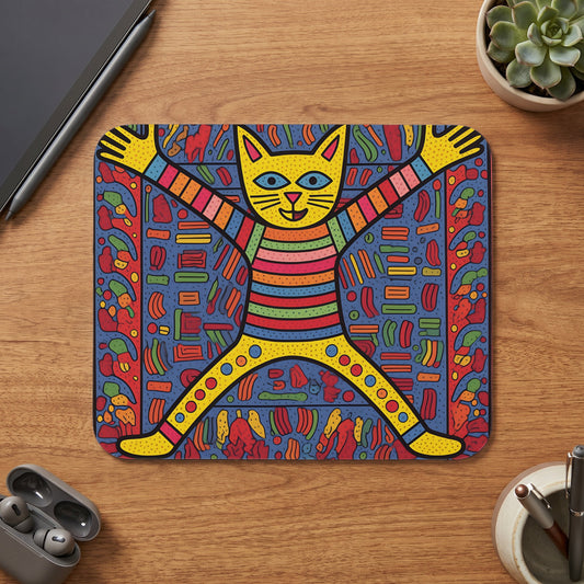 Colorful mousepad featuring a stylized yellow cat with arms outstretched on a blue background.