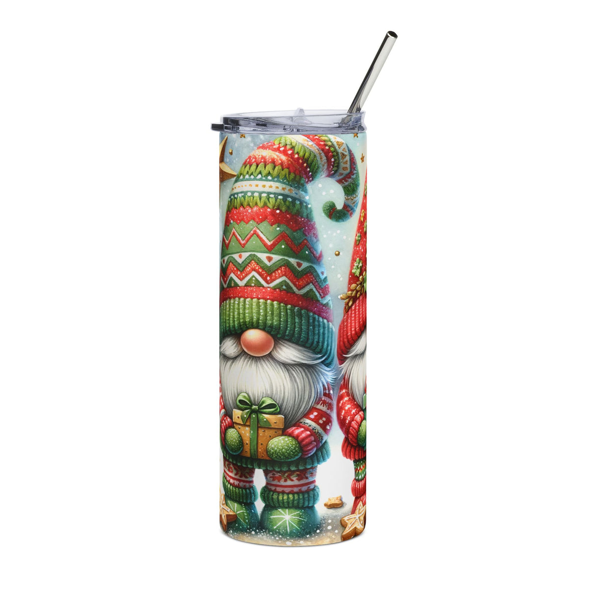 Tumbler with festive gnomes holding presents and a metallic straw.