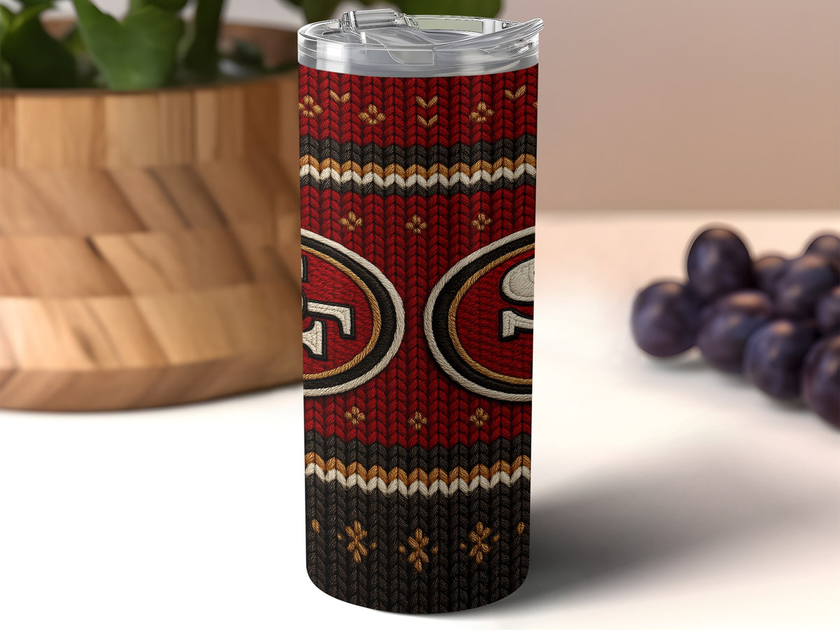San Francisco 49ers tumbler with a knitted pattern and team logos.