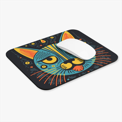 A rectangular black mousepad featuring a stylized, colorful cat face illustration, with a white computer mouse resting on top.