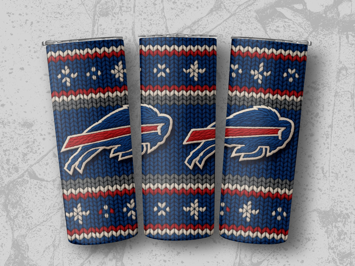 Buffalo Bills ugly sweater pattern tumbler with snowﬂake and horizontal stripe designs.