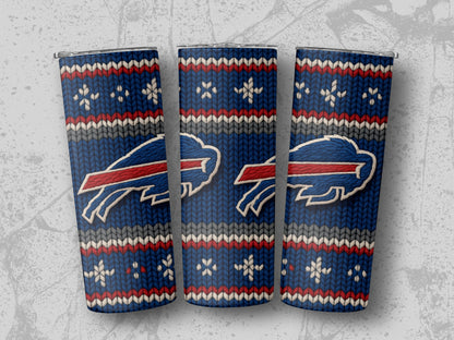Buffalo Bills ugly sweater pattern tumbler with snowﬂake and horizontal stripe designs.