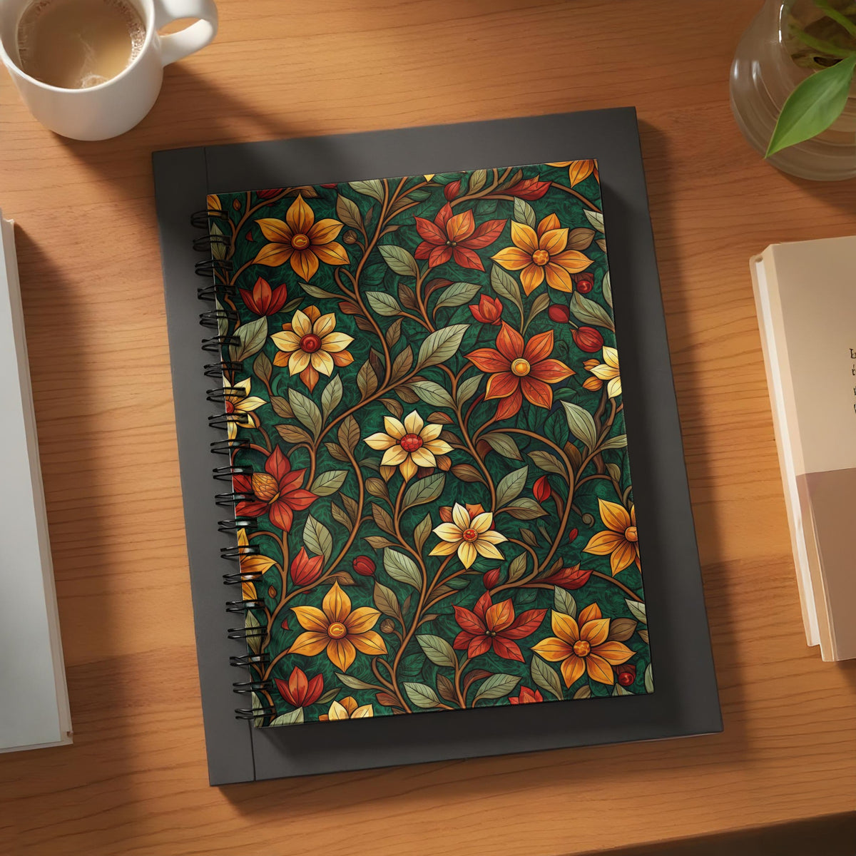 Spiral bound journal with a dark green floral pattern of red and yellow flowers.