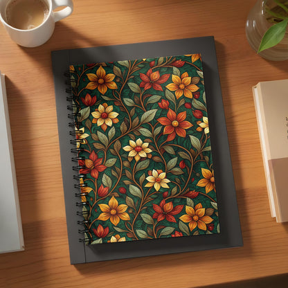 Spiral bound journal with a dark green floral pattern of red and yellow flowers.