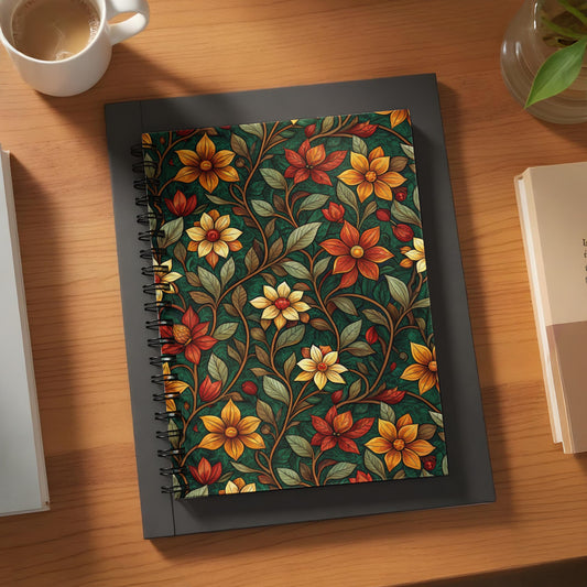 Spiral bound journal with a dark green floral pattern of red and yellow flowers.