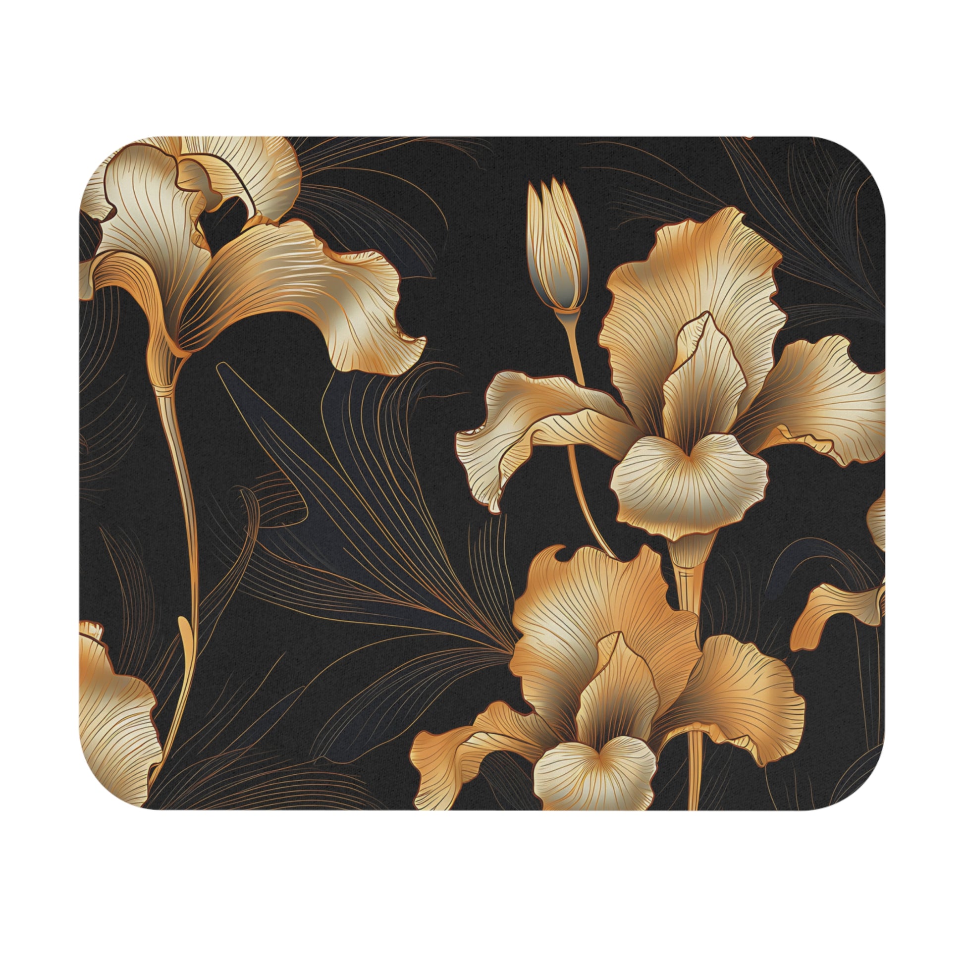 Gold iris flowers on a dark textured background with delicate line details.