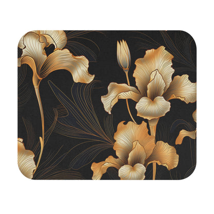 Gold iris flowers on a dark textured background with delicate line details.