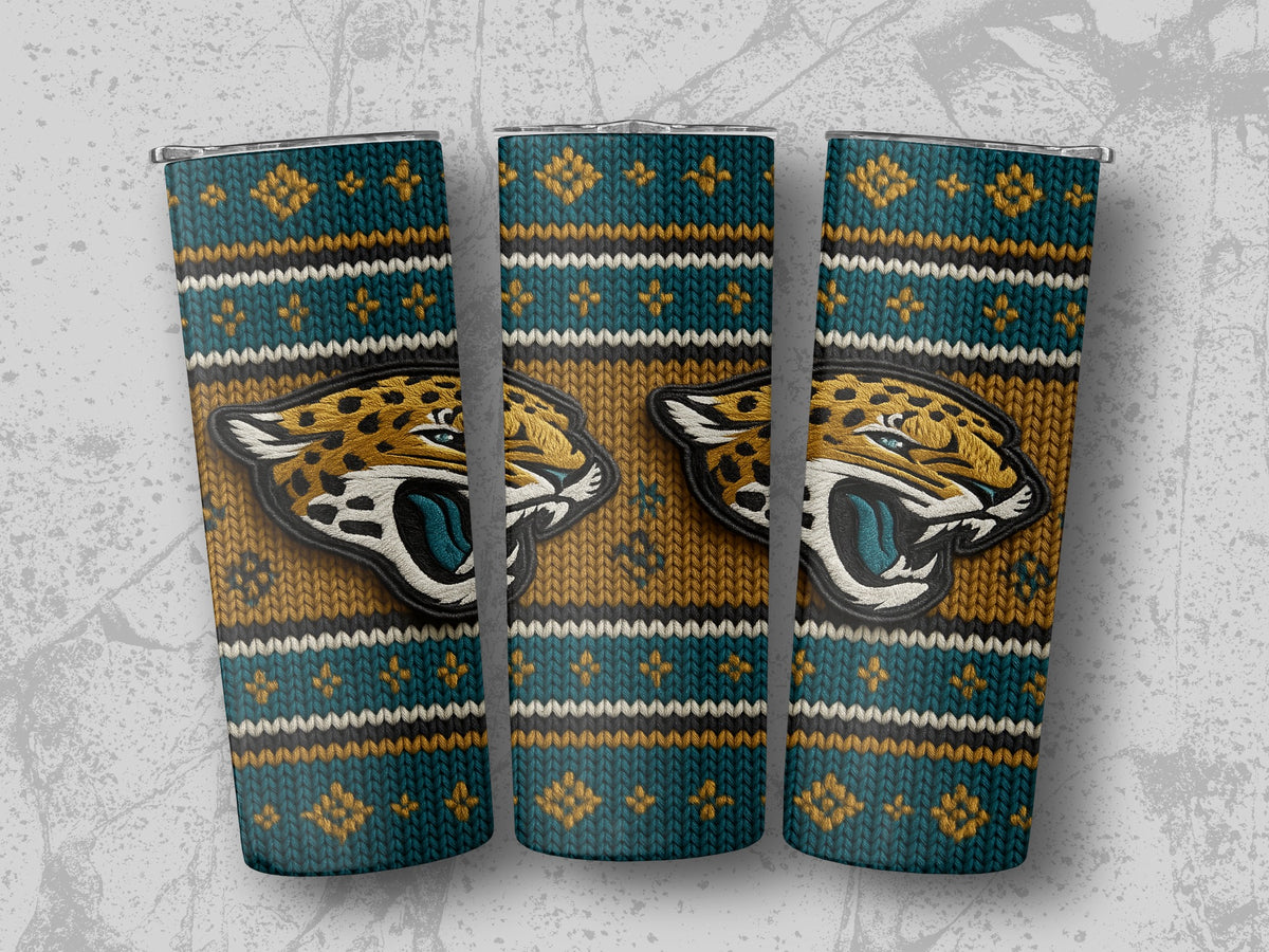 Three tumblers with a Jacksonville Jaguars logo and a knitted sweater pattern.