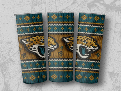 Three tumblers with a Jacksonville Jaguars logo and a knitted sweater pattern.