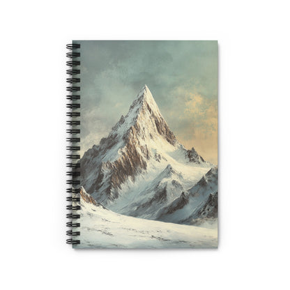 Spiral-bound notebook with a painting of a snow-covered mountain peak.