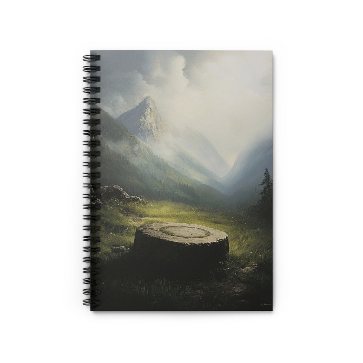 Spiral notebook with a scenic mountain valley painting on the cover.
