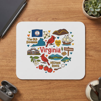 Virginia-themed heart design with state flag, landmarks, and icons.