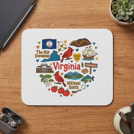 Virginia-themed heart design with state flag, landmarks, and icons.