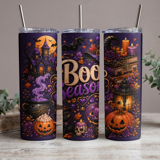 Three purple tumblers with Halloween designs including pumpkins, a haunted house, and "Boo Season" text.