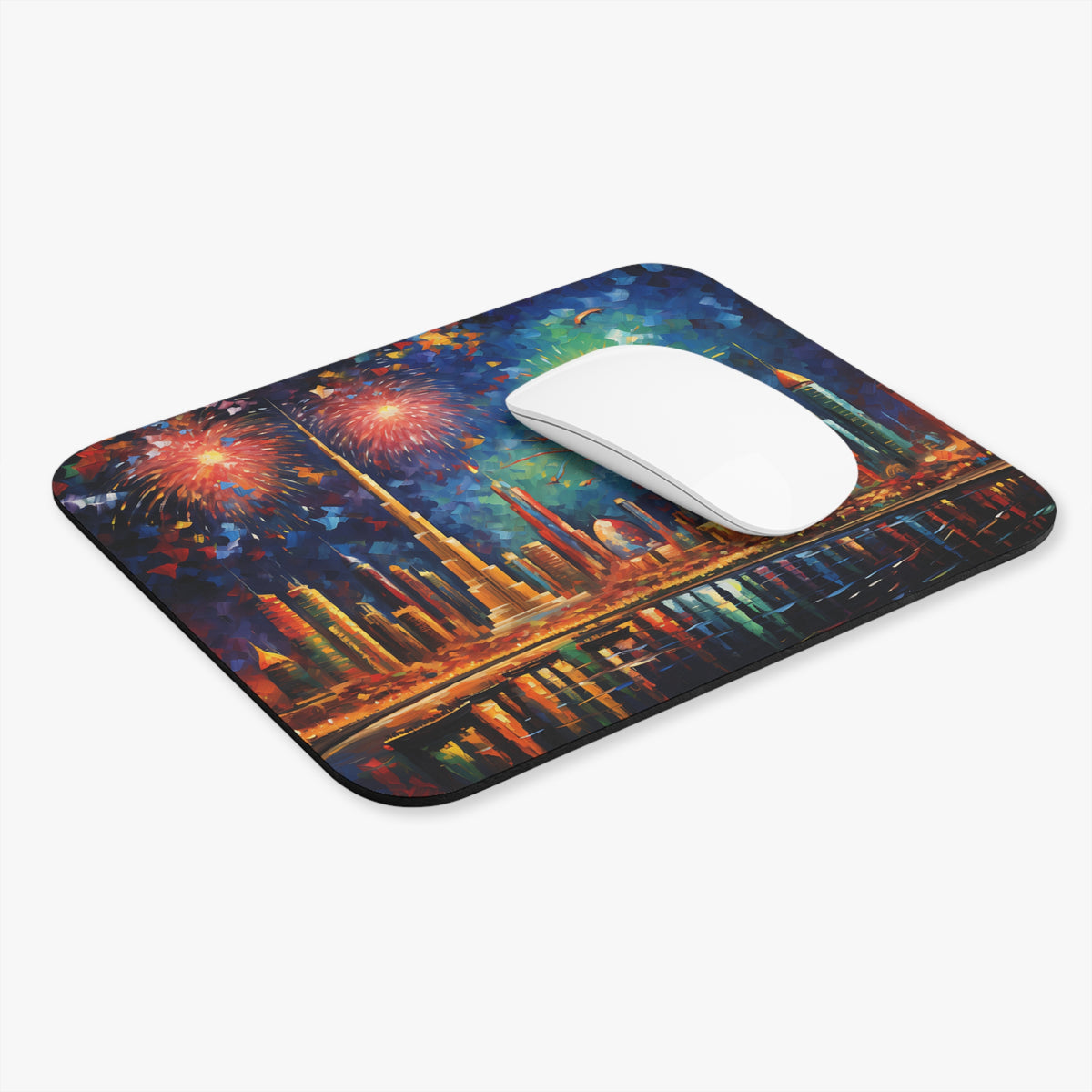 Mousepad with impressionistic painting of city skyline and fireworks at night.