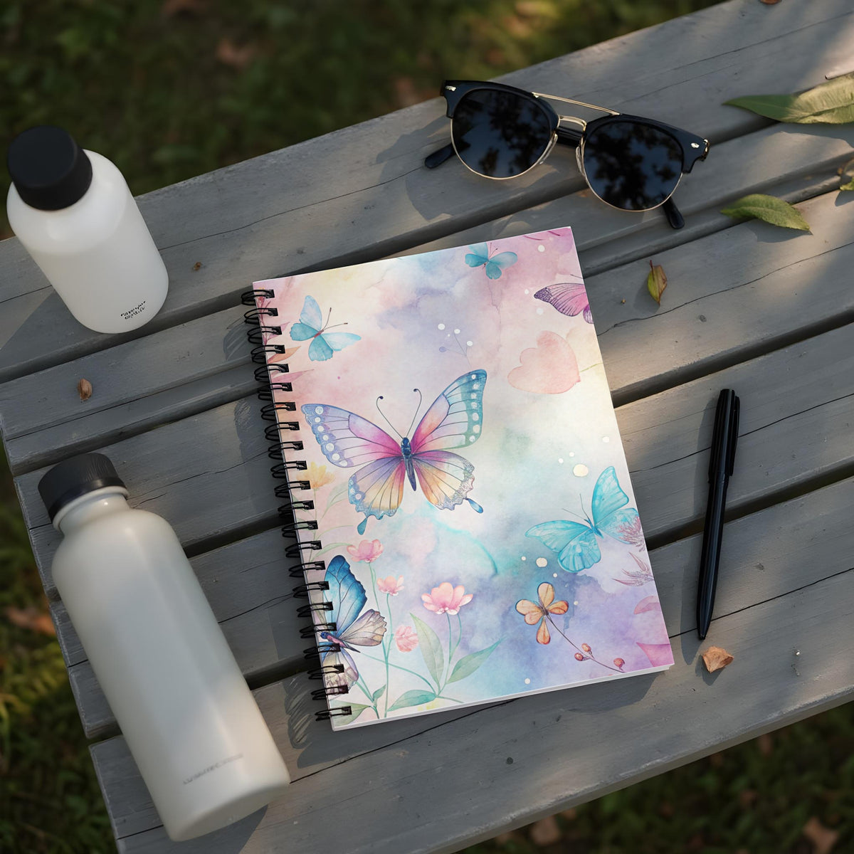 Notebook with watercolor butterflies and flowers on a wooden surface with water bottles and sunglasses.