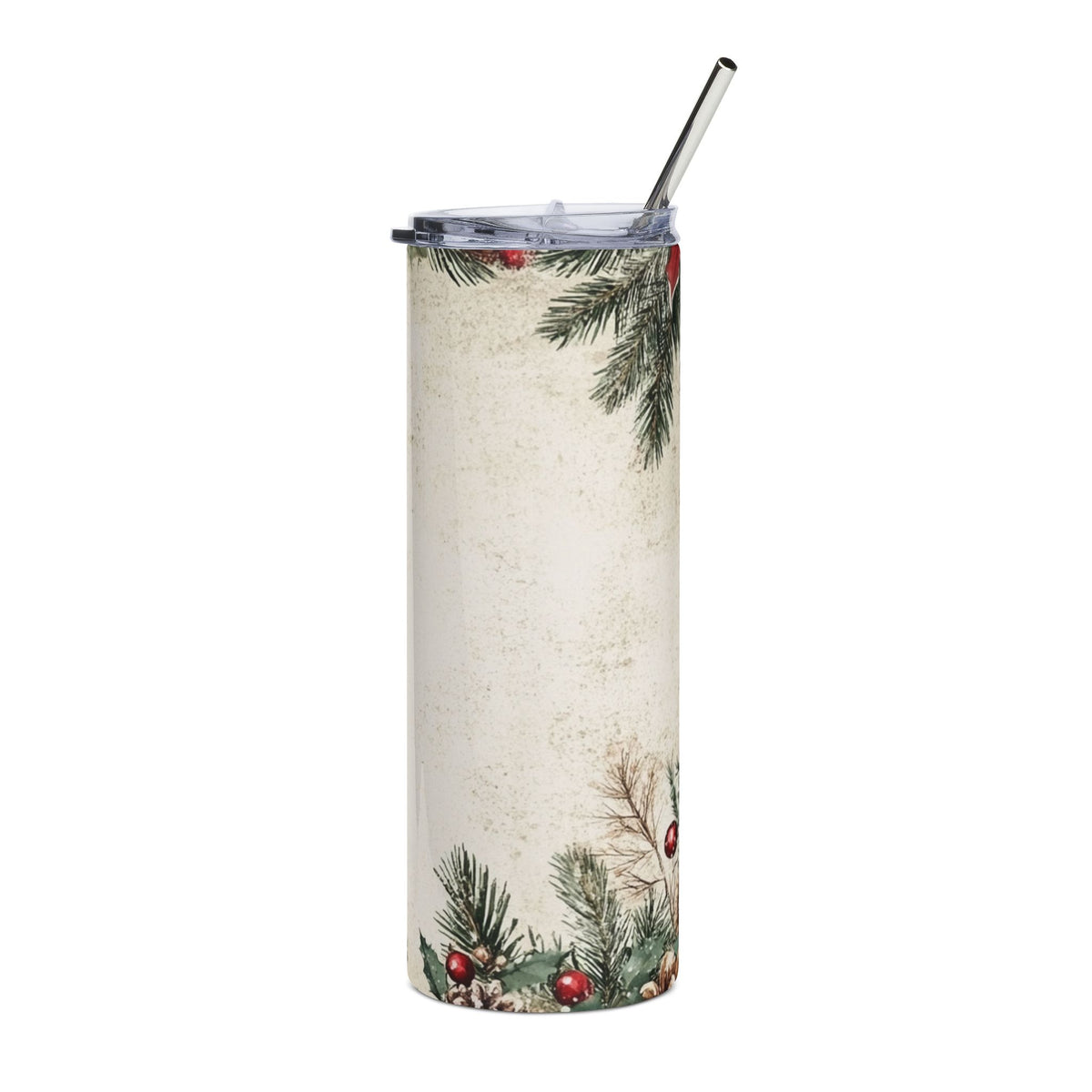 Tall tumbler with lid and straw featuring a vintage Christmas floral design.