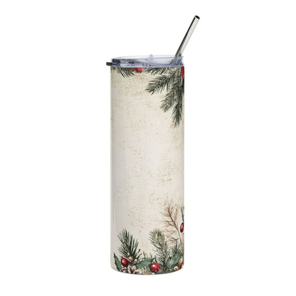 Tall tumbler with lid and straw featuring a vintage Christmas floral design.