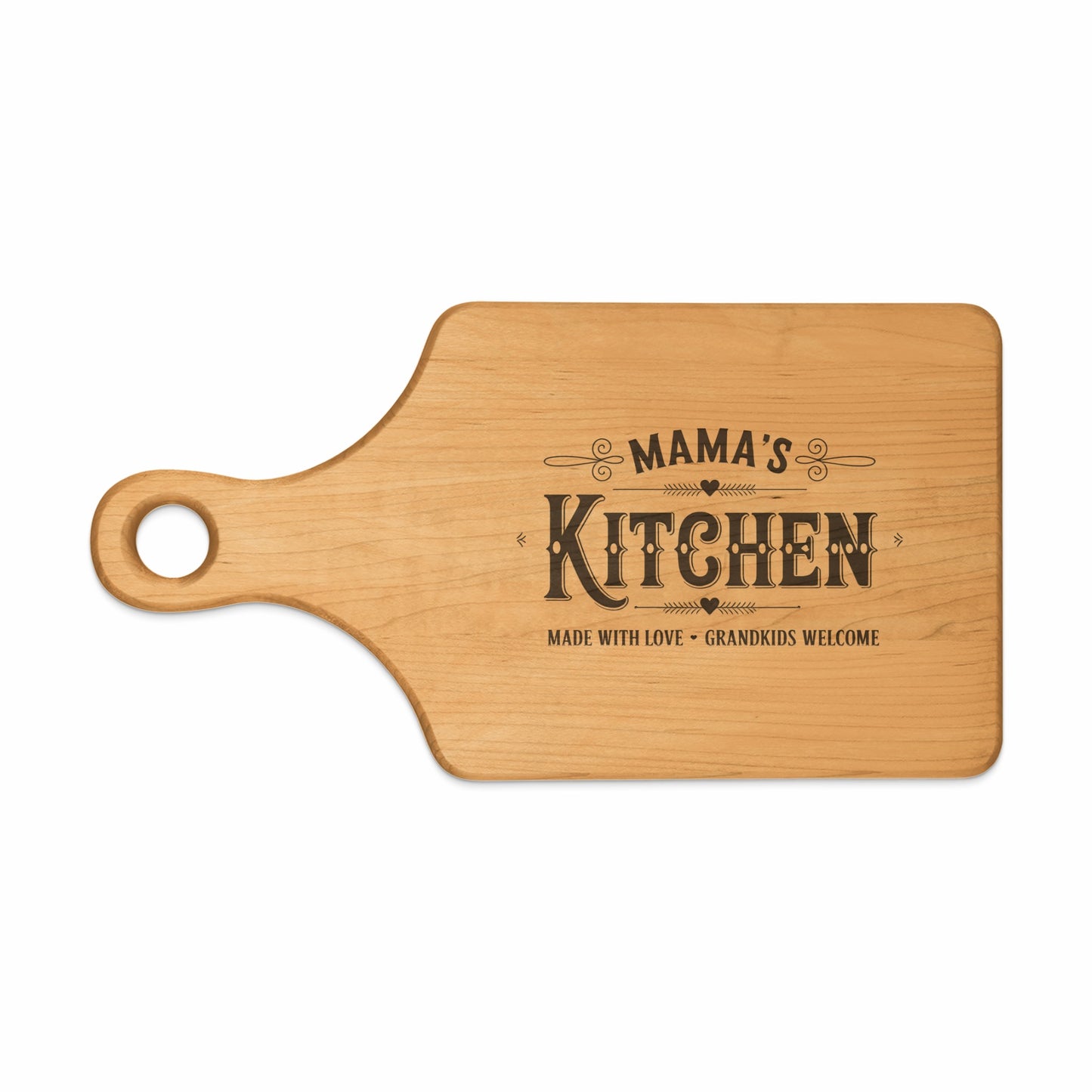 Wooden cutting board with "Mama's Kitchen" and "Made With Love - Grandkids Welcome" text.