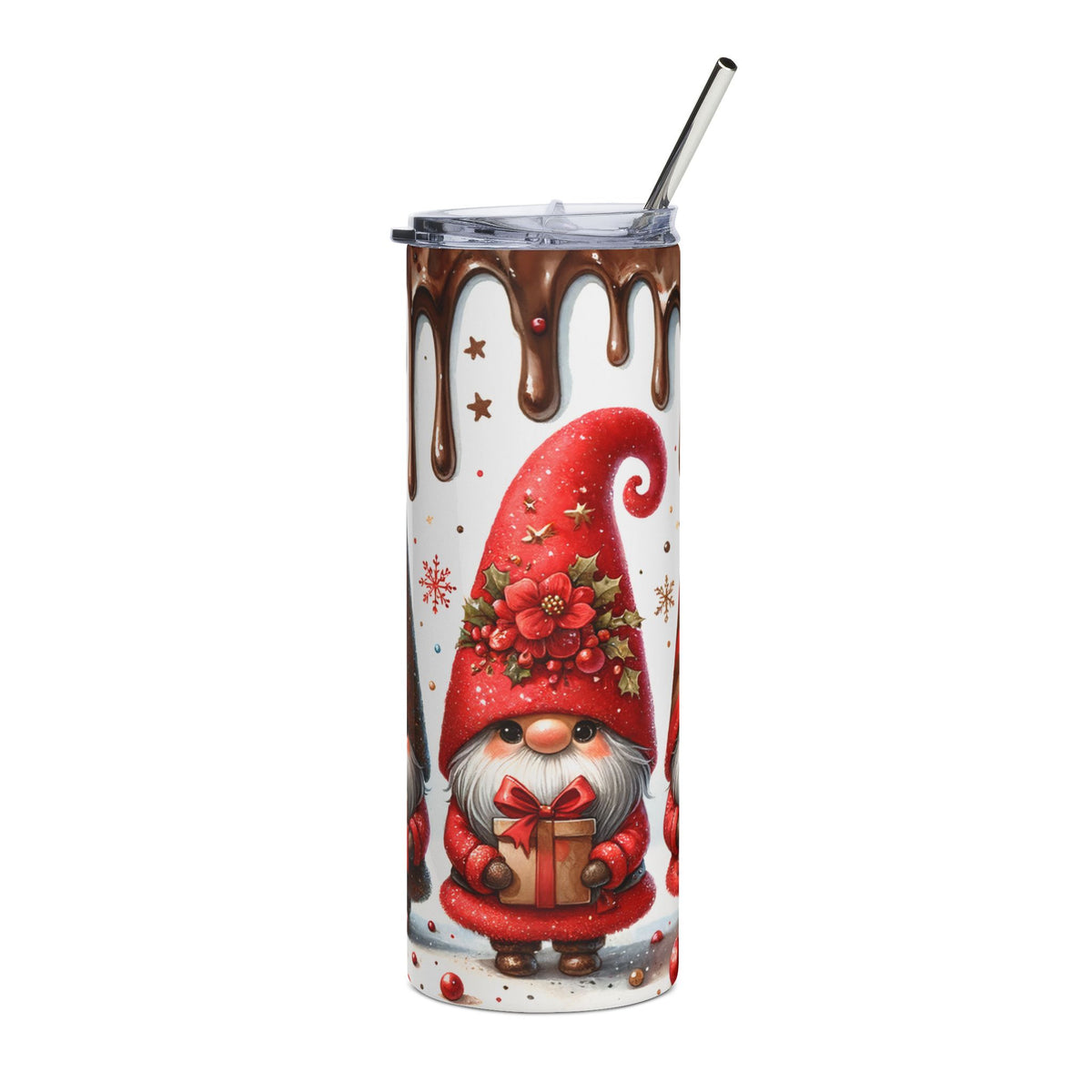 Tumbler with Christmas gnome holding a gift and chocolate drip design.