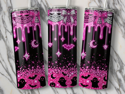 Three tumblers with black and pink glitter, lace, bows, dripping design, ghosts, bats, and pumpkins.
