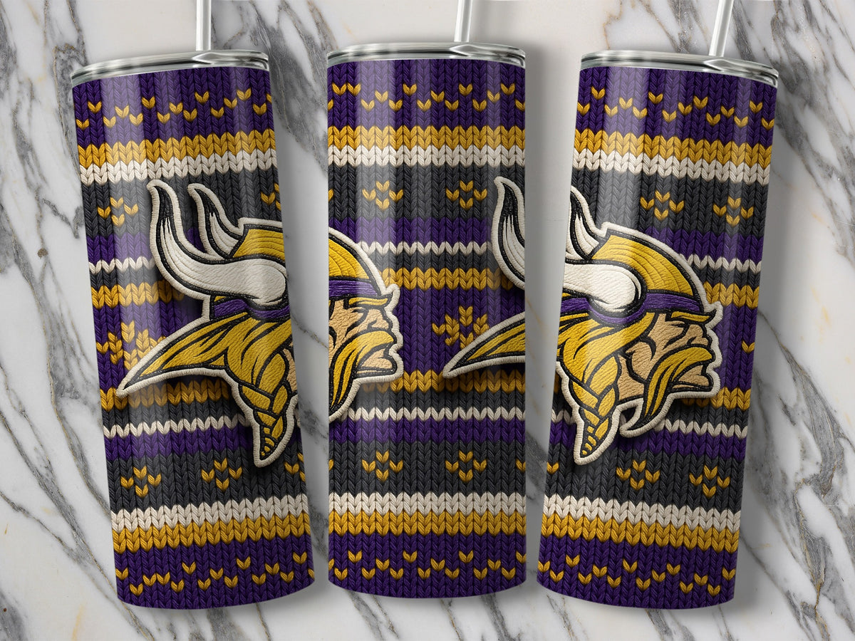 Three tumblers with a Minnesota Vikings logo on a knit pattern.
