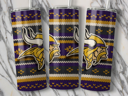 Three tumblers with a Minnesota Vikings logo on a knit pattern.