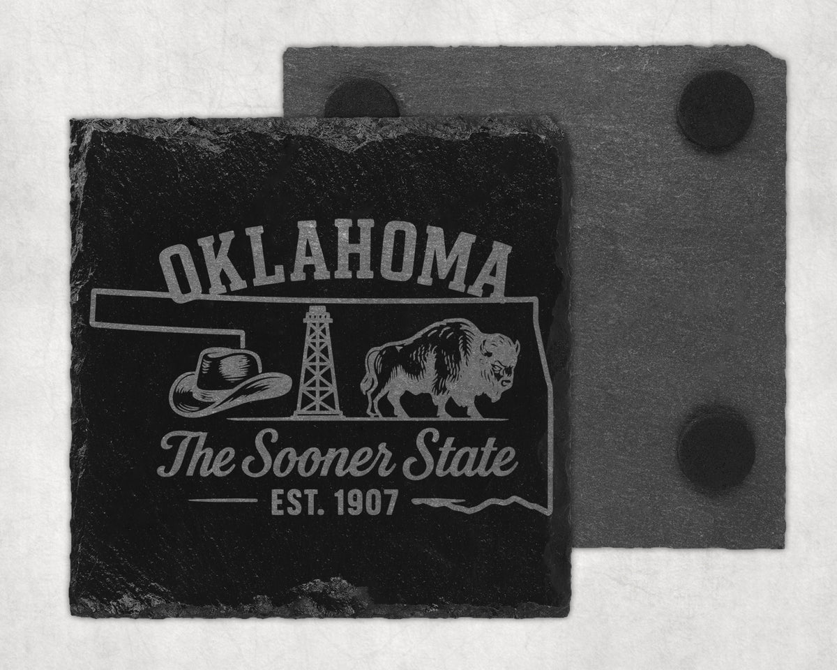 Oklahoma coasters featuring a cowboy hat, oil derrick, buffalo, and "Est. 1907".