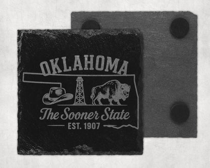 Oklahoma coasters featuring a cowboy hat, oil derrick, buffalo, and "Est. 1907".