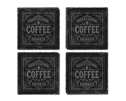 Four slate coasters with "Professional Coffee Drinker" text and decorative border.
