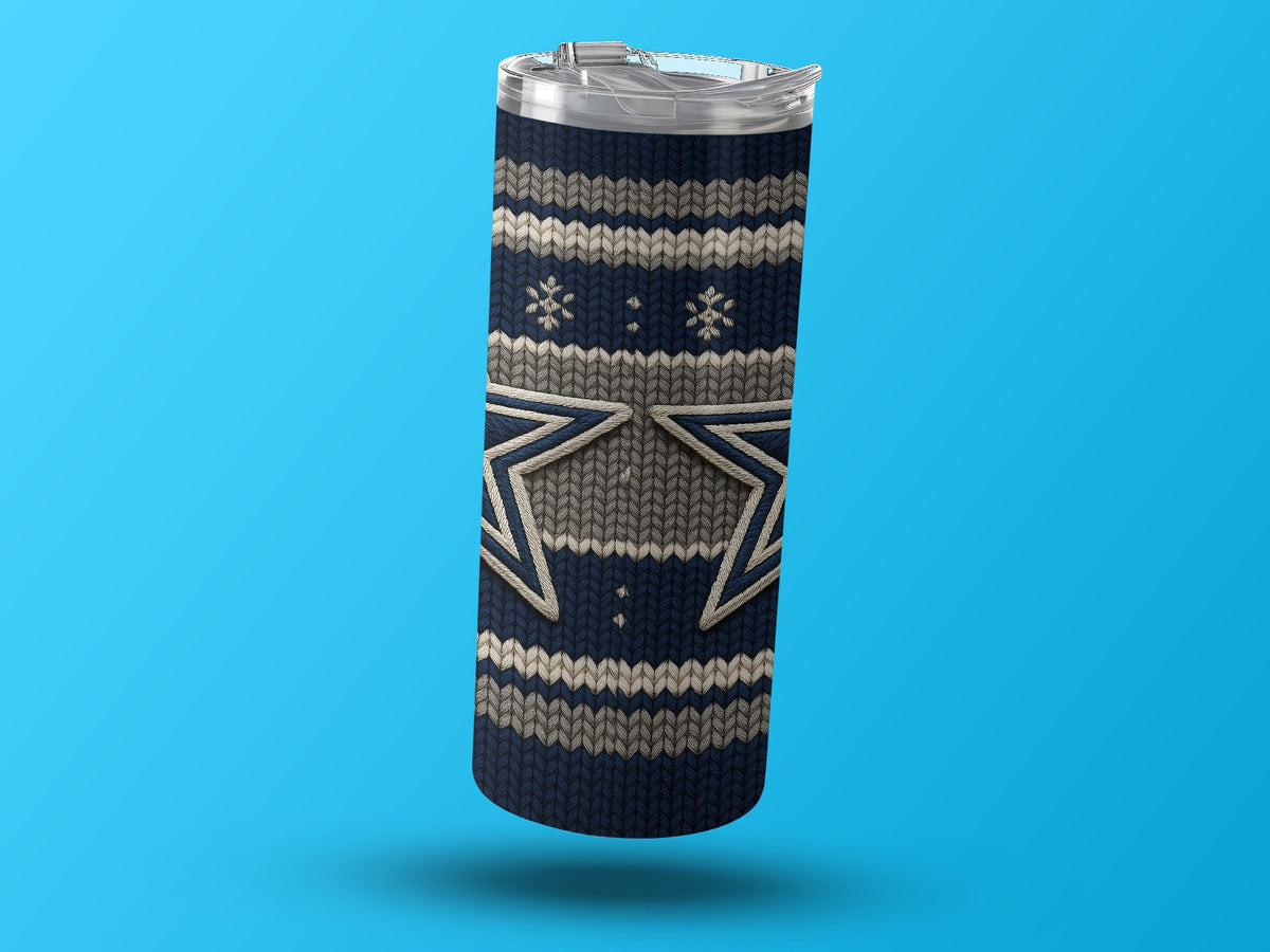 Tumbler with a dark blue, grey, and white knit pattern and snowflakes.