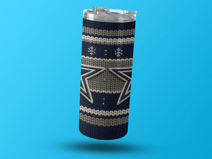 Tumbler with a dark blue, grey, and white knit pattern and snowflakes.