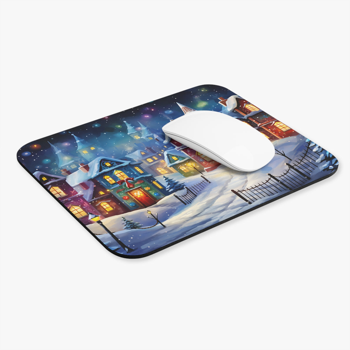 Mousepad featuring a snowy village scene with glowing windows and colorful lights.