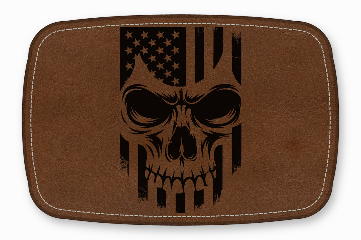 Brown faux-leather patch featuring a black graphic of a skull combined with the American flag.