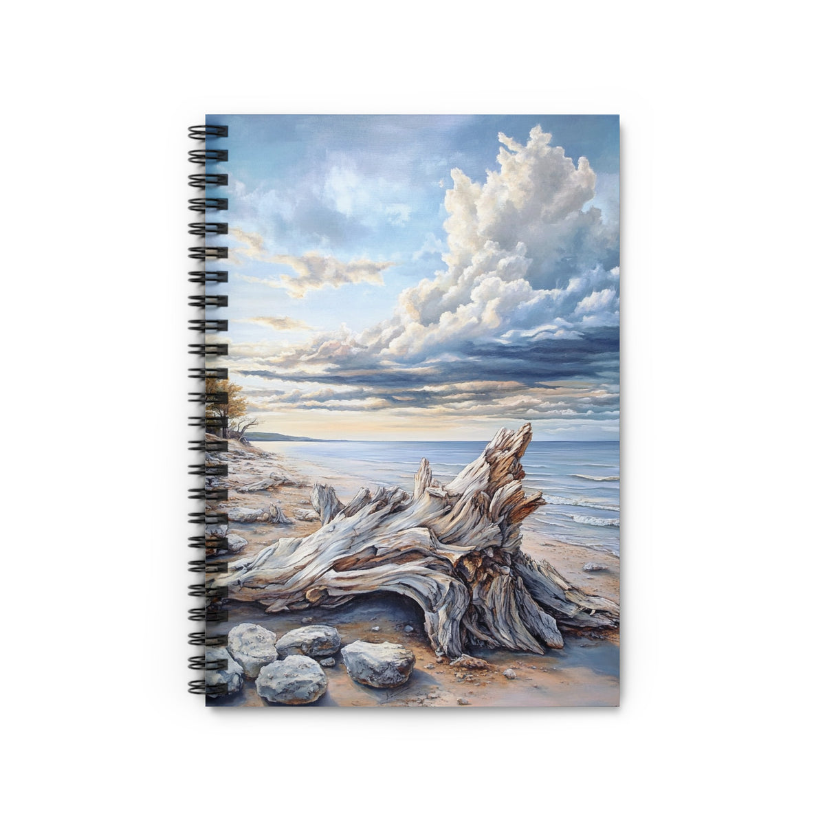 Spiral-bound notebook featuring a painting of driftwood on a sandy beach with a cloudy sky.