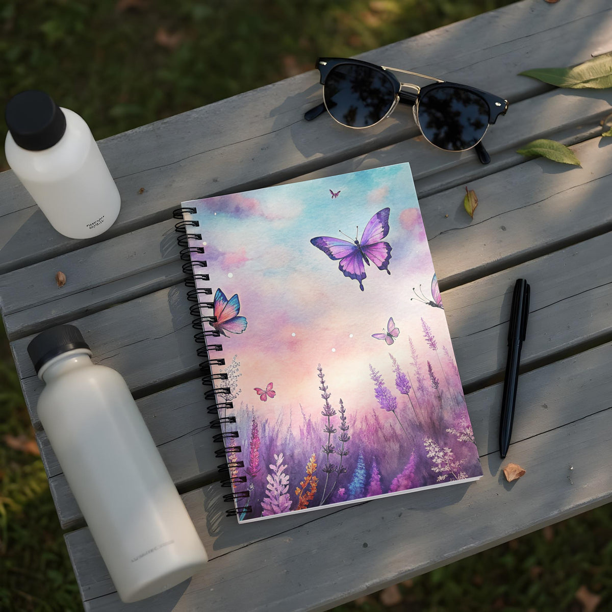 Notebook with lavender and butterfly illustration, two water bottles, and sunglasses.