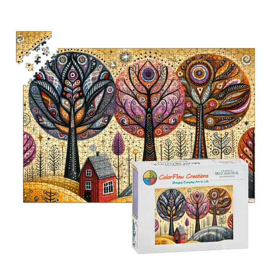 Folk Art Autumn Trees Wooden Puzzle:  Fall Landscape
