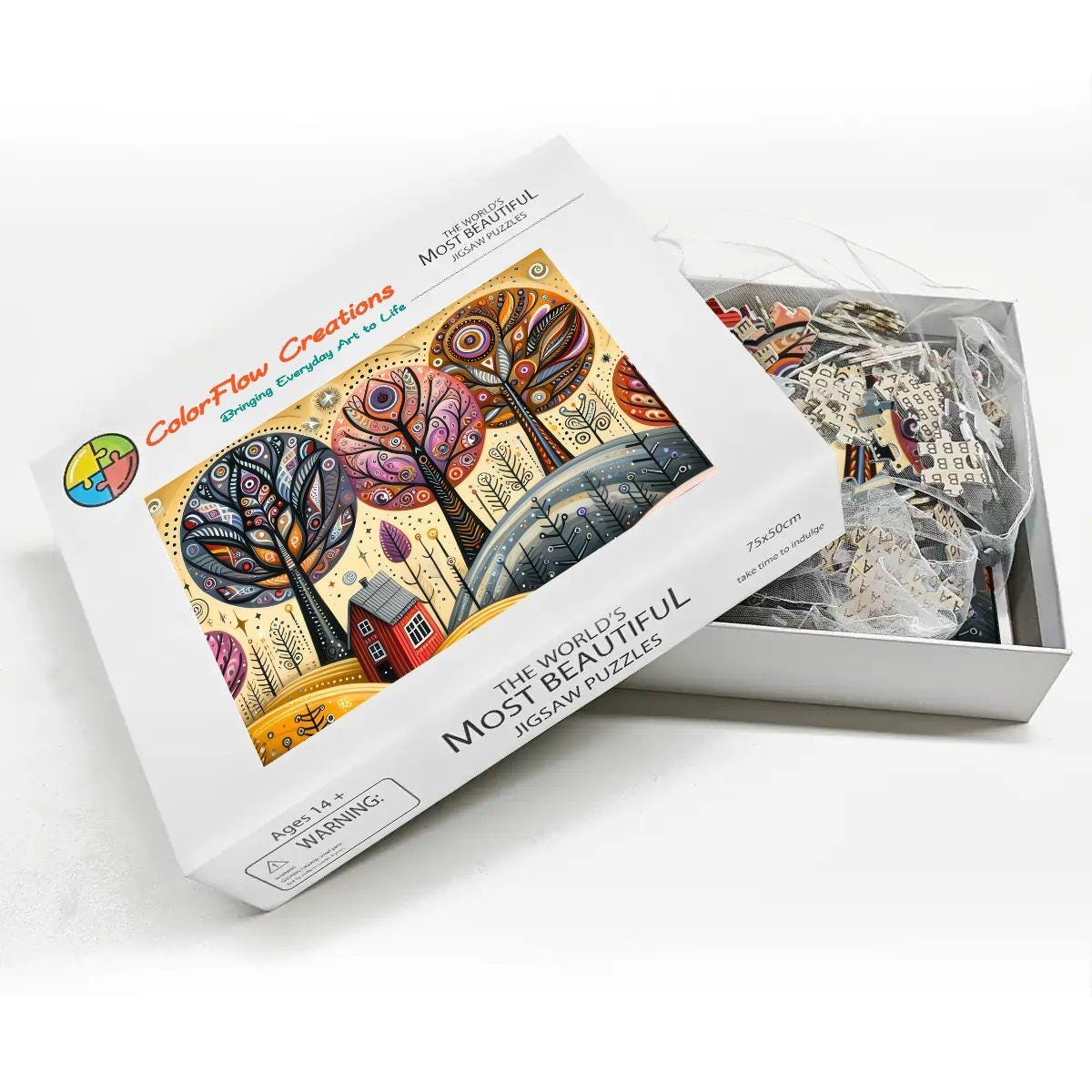 Folk Art Autumn Trees Wooden Puzzle:  Fall Landscape