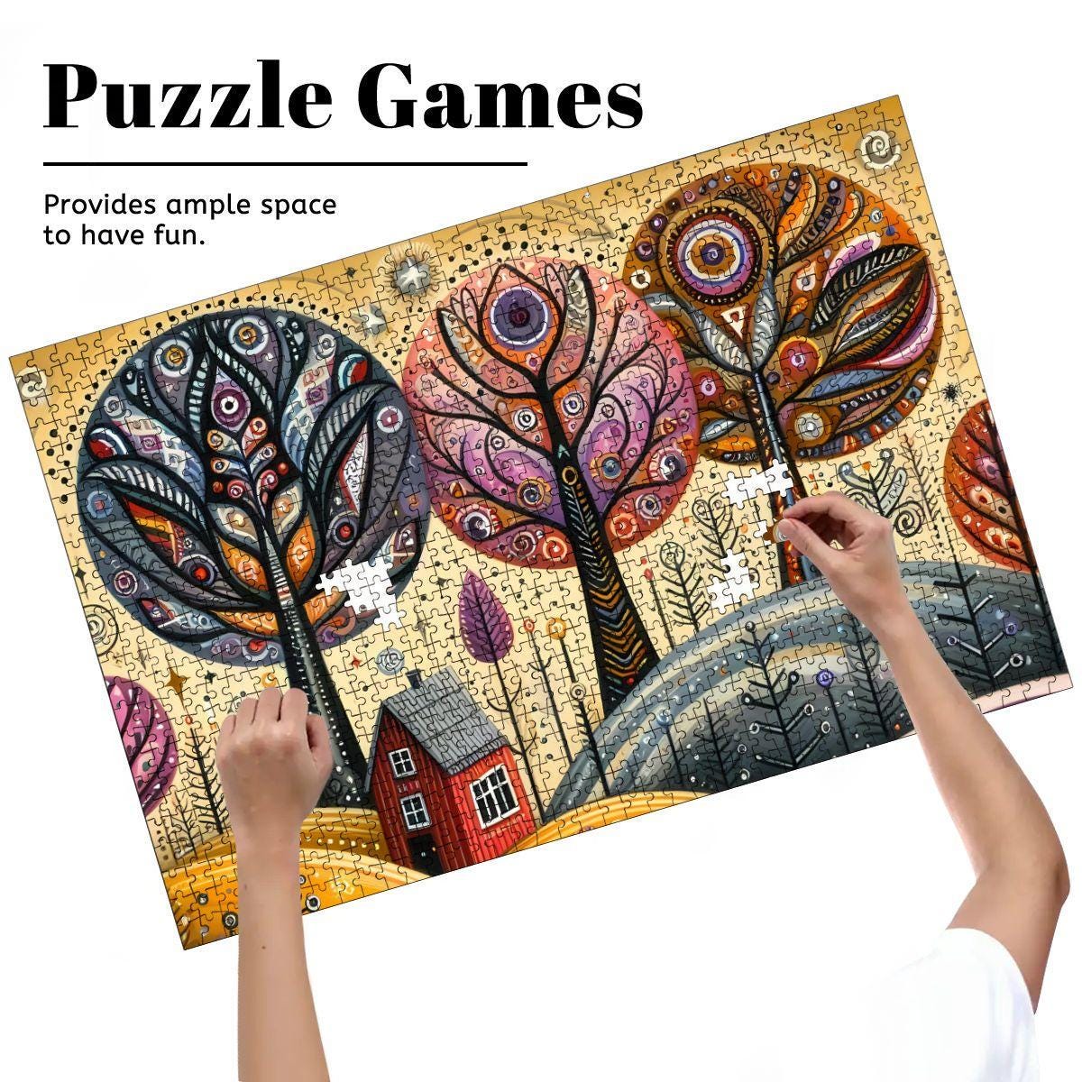 Folk Art Autumn Trees Wooden Puzzle:  Fall Landscape