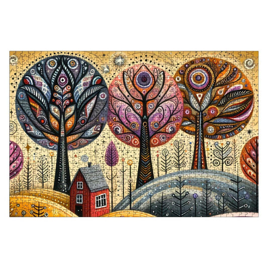Folk Art Autumn Trees Wooden Puzzle:  Fall Landscape