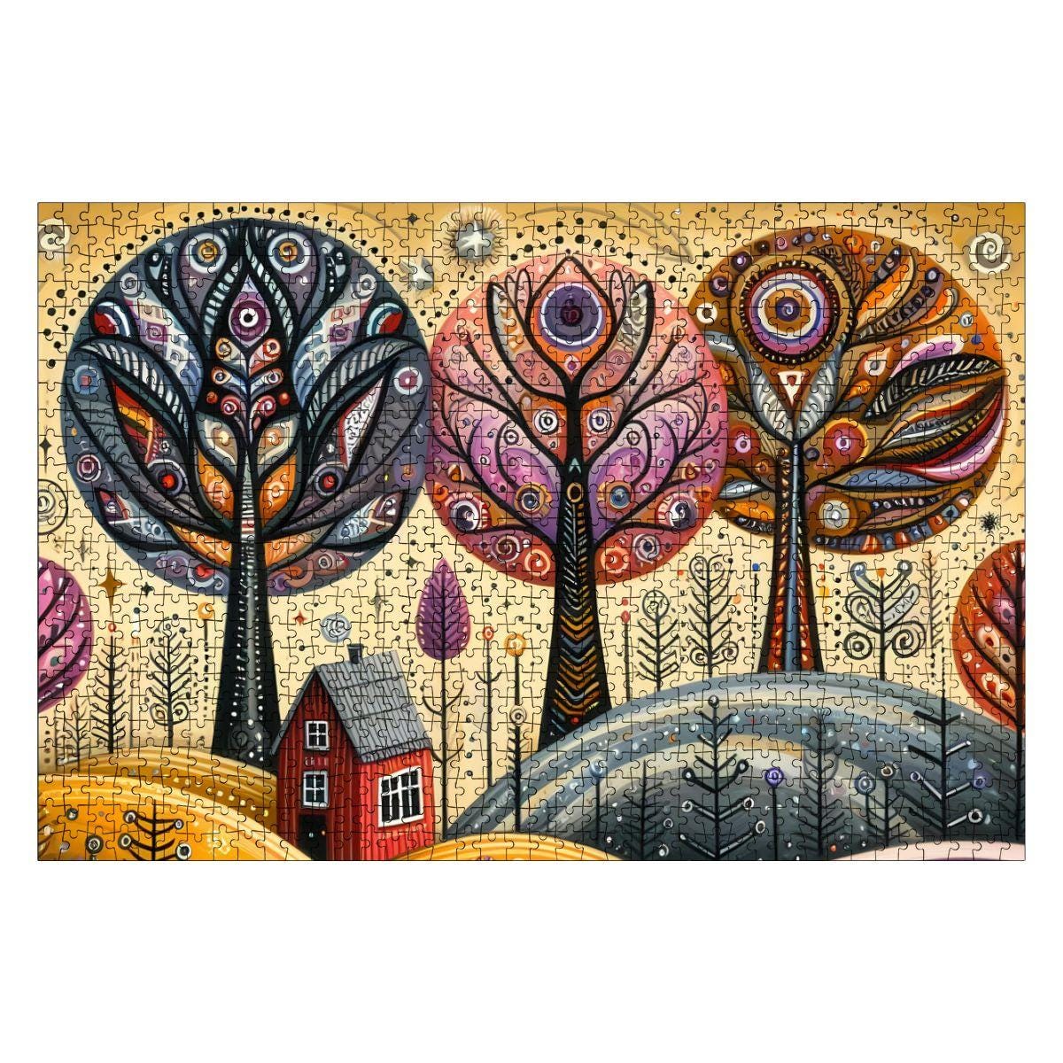 Folk Art Autumn Trees Wooden Puzzle:  Fall Landscape