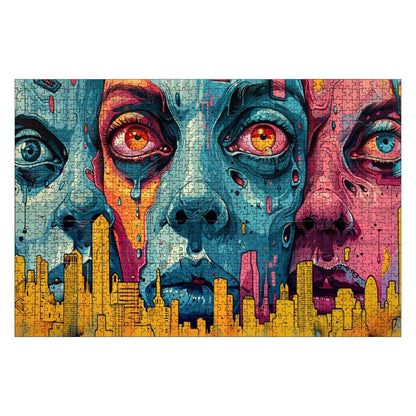 Neon Dystopia Wooden Jigsaw Puzzle: Psychedelic City Faces Art