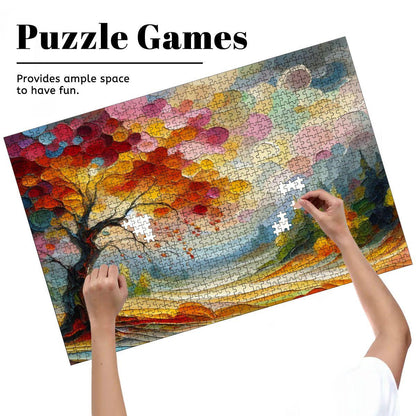 Impressionist Autumn Tree Wooden Puzzle: 1000-Piece Fall Forest Art