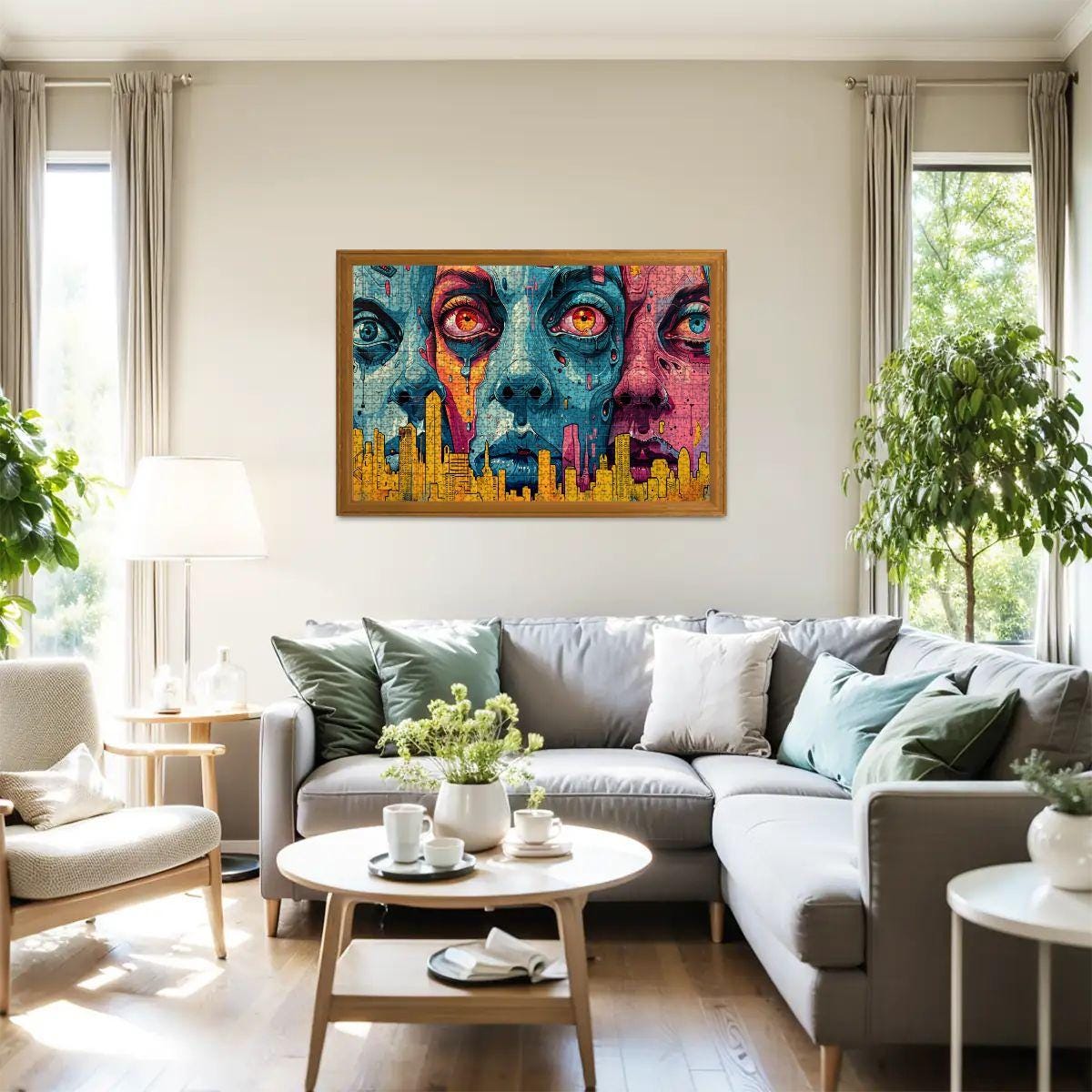 Neon Dystopia Wooden Jigsaw Puzzle: Psychedelic City Faces Art