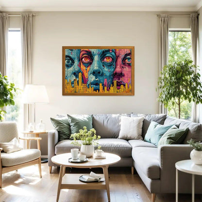 Neon Dystopia Wooden Jigsaw Puzzle: Psychedelic City Faces Art