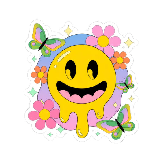 Drippy Smiley Face Sticker: Retro Groovy 70s Pastel Vinyl Decal