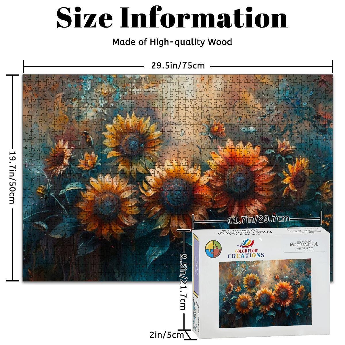 ColorFlow | Moody Sunflower Field Wooden Puzzle 1000pc | Vibrant Nature Art